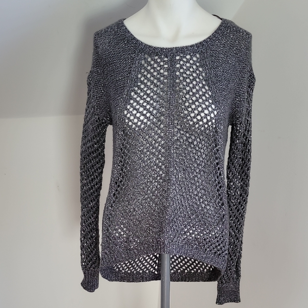Rock & Republic Women's Gray Metallic Open Knit High-Low Pullover Sweater Size S